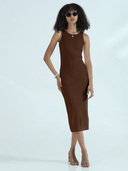 SHOWOFF - Edition Women Ribbed Brown Round Neck Bodycon Midi Dress
