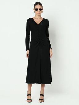 SHOWOFF - Edition Women V-Neck Black Ruched A-Line Midi Dress