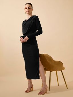 SHOWOFF - Edition Women Draped Velvet Black Bodycon with Side Slit Midi Dress