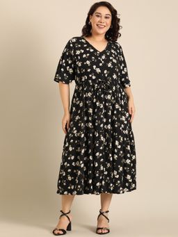 THE PINK MOON - Black Floral Printed Midi Dress