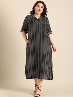 THE PINK MOON - Linen Striped Shirt Midi Dress