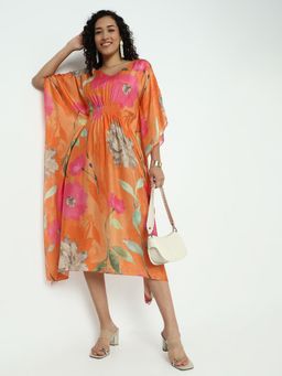 SHOWOFF - Women Printed Orange V-Neck Floral Midi Kaftan Dress