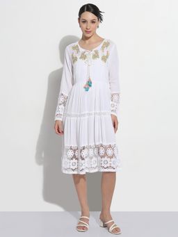 SHOWOFF - Edition Women White Embroidered with Lace and Tassels A-Line Midi Dress