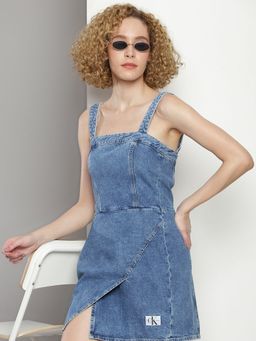 Calvin Klein - Cotton Blue Square Neck Denim Mini Dress