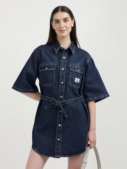 Calvin Klein - Cotton Blue Spread Collar Denim Mini Dress