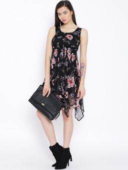 Sera - Black Floral Print A-Line Mini Dress