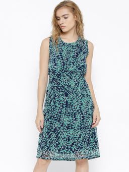Sera - Teal Green and Navy Polyester Printed A-Line Knee Length Dress
