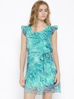 Sera - Sea Green Polyester Printed A-Line Mini Dress