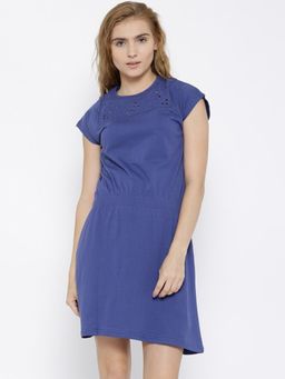 Sera - Women Blue Solid Cinched Waist Mini Dress