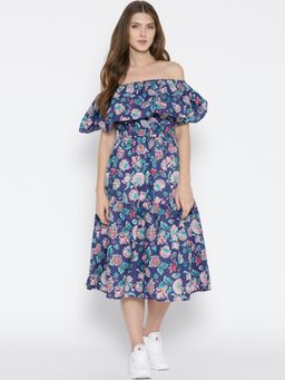 Sera - Women Blue Floral Print Fit and Flare Midi Dress