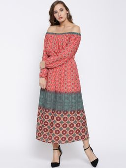 Sera - Women Coral Geometric Printed Blouson Maxi Dress