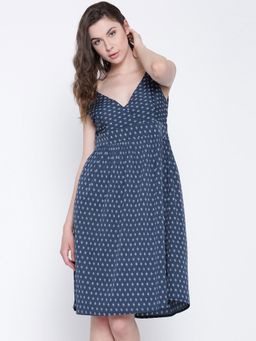 Sera - Women Navy Blue Printed Empire-Line Knee Length Dress