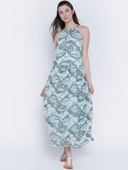 Sera - Women's Western Wear Blue Ethnic Motifs Knee Long Tie Up Neck Maxi Dress