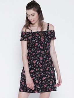 Sera - Women's Western Wear Black Floral Shoulder A-Line Mini Dress