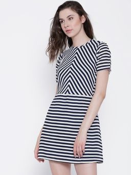 Sera - Navy Blue and White Striped Fit and Flare Mini Dress