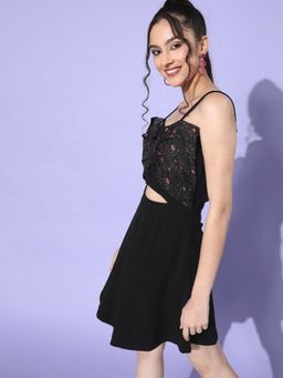 Sera - Black Fit And Flare Printed Mini Dress