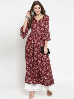 Sera - Burgundy Maroon Floral Printed Fit And Flare Maxi Dress
