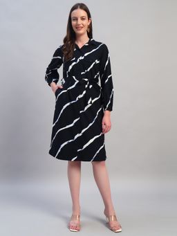 Cantabil - Women Navy Blue Printed Full Sleeves Casual Knee Length Dress