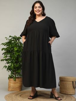 Oxolloxo - Women Plus Size Black V- Neck Short Balloon Sleeve Crepe Maxi Dress