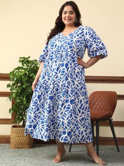 Oxolloxo - Women Plus Size Blue Floral Print V- Neck Short Balloon Sleeve Long Maxi Dress
