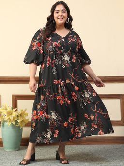 Oxolloxo - Women Plus Size Black Floral Print V- Neck Short Balloon Sleeve Long Maxi Dress