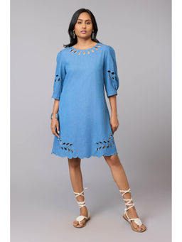 TAMISKA BY NARENDRA KUMAR - Schiffli Cutwork Lyocell Blue Denim Knee Length Dress
