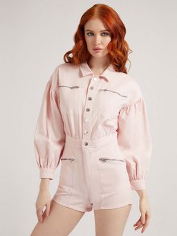 Guess - Womens Pink Solid Spread Collar Anika Romper