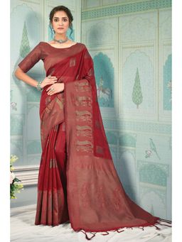 Sangam Prints - Maroon Cotton Woven Zari Work Traditional Tassel Saree with Unstitched Blouse