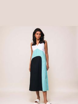 September Spring - Multi Color Blocked V-Neck Midi Dress