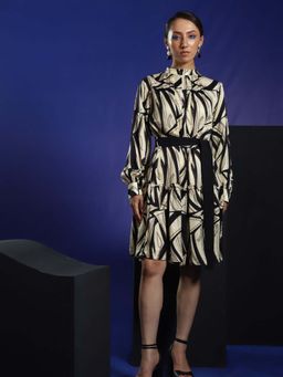 September Spring - Women Off White Abstract Printed Knee Length Dress