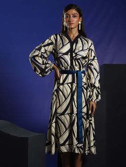 September Spring - Women Off White Abstract Printed V-Neck Midi Dress