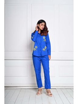 September Spring - Blue Floral Embroidered Collar Neck Shirt with Pant