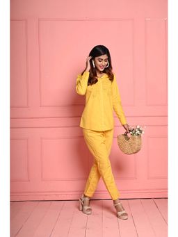 September Spring - Yellow Floral Embroidered Shirt with Pant Co-Ord Set