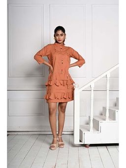 September Spring - Orange Ruffled Detail High Neck Mini Dress
