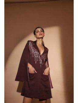 September Spring - Women Wine Embellished Notched Lapel Blazer Dress