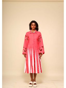 September Spring - Women Pink Cut Work Midi Dress