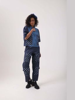 September Spring - Blue Patch Work High Neck Jacket with Pant