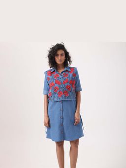 September Spring - Women Blue Floral Embroidered Denim Dress