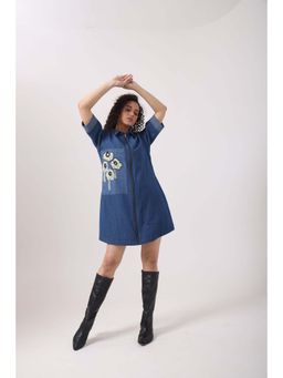 September Spring - Women Blue Applique Collar Neck Mini Dress