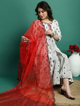 Rama's - Women White Color Embroidery A-Line Kurta Palazzo with Dupatta (Set of 3)