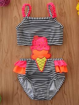 Hopscotch - Black Striped Ice-Cream Applique Swimwear