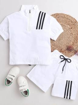 Hopscotch - White Boys White Stripe Print T-Shirt And Shorts