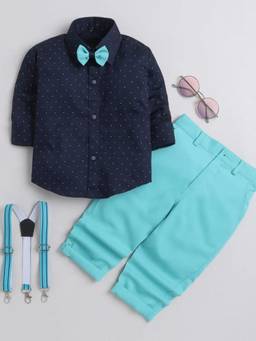 Hopscotch - Navy Blue Polka Dot Print Shirt And Pant With Bow & Suspender