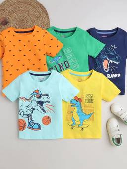 Hopscotch - Multi-Color Boys Multi Coloured Animal Print T-Shirt (Pack of 5)
