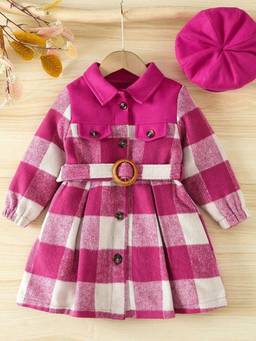 Hopscotch - Pink Checkered Full-Sleeve Long Coat With Hat & Belt