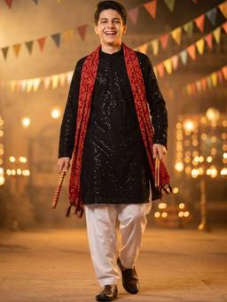 AJ Dezines - Black Sequence Embroidery Cotton Blend Kurta With Pyjama & Dupatta
