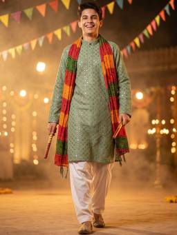AJ Dezines - Pista Green Sequence Embroidery Cotton Blend Kurta With Pyjama & Dupatta