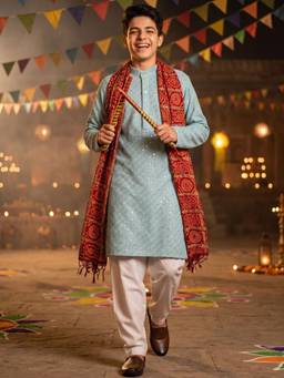 AJ Dezines - Powder Blue Sequence Embroidery Cotton Blend Kurta With Pyjama & Dupatta