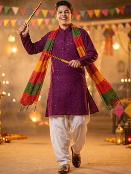 AJ Dezines - Purple Sequence Embroidery Cotton Blend Kurta With Pyjama & Dupatta