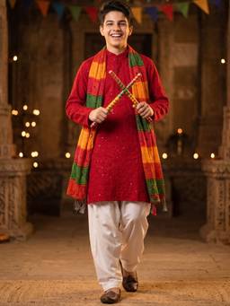 AJ Dezines - Red Sequence Embroidery Cotton Blend Kurta With Pyjama & Dupatta